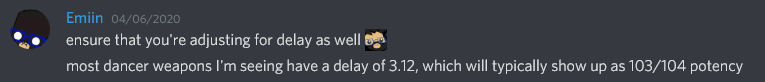 Emiin reminding to account for weapon delay adjustments to auto potency
