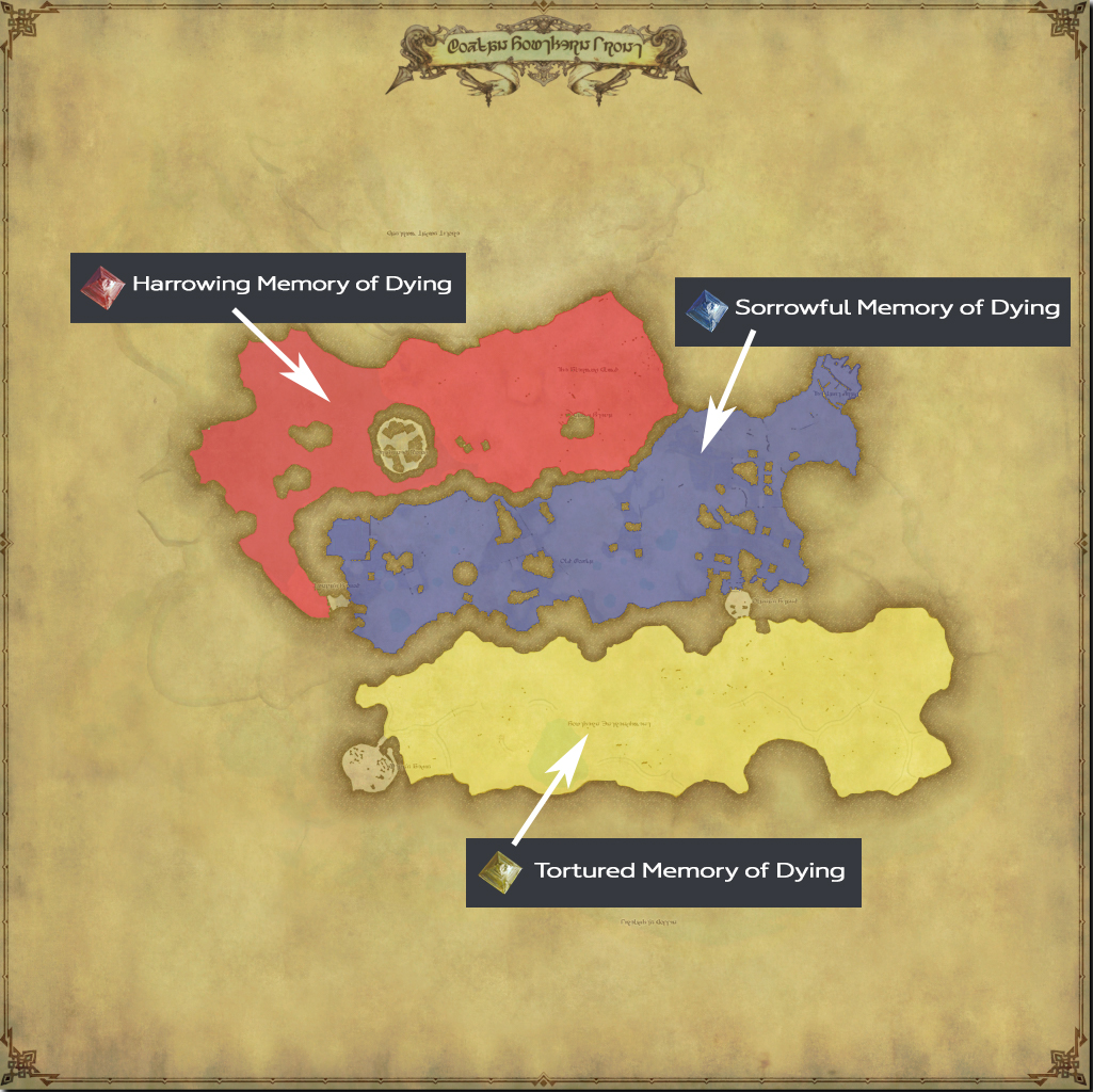 A map for the BSF areas that will drop the memories. Zone 1 (Yellow) = Tortured, Zone 2 (Blue) = Sorrowful, Zone 3 (Red) = Harrowing