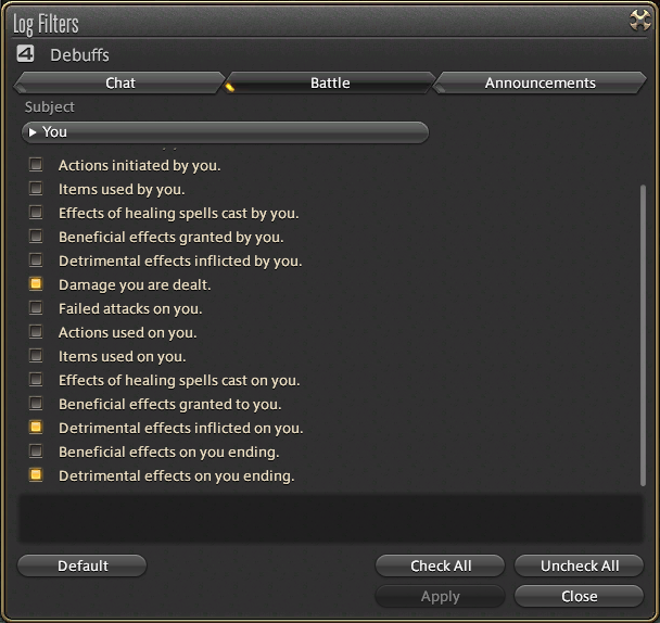 Chat Log Filters for Debuffs on You