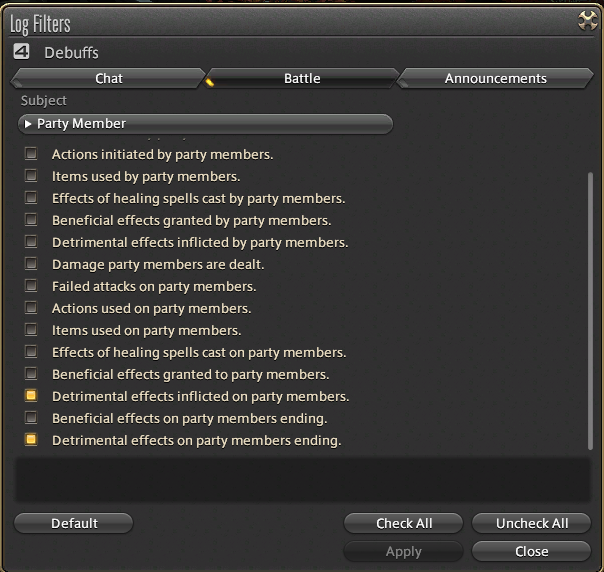 Chat Log Filters for Debuffs on Party Members