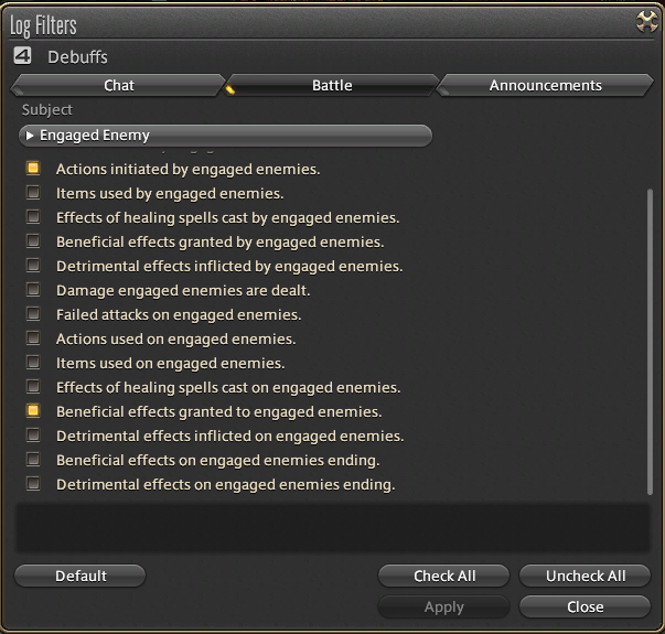 Chat Log Filters for Debuffs on Engaged Enemies